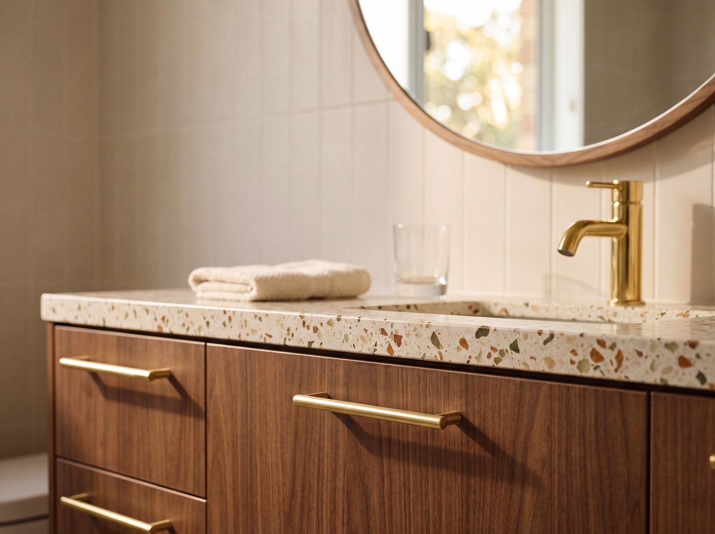Freshly cleaned double vanity with vessel basins
