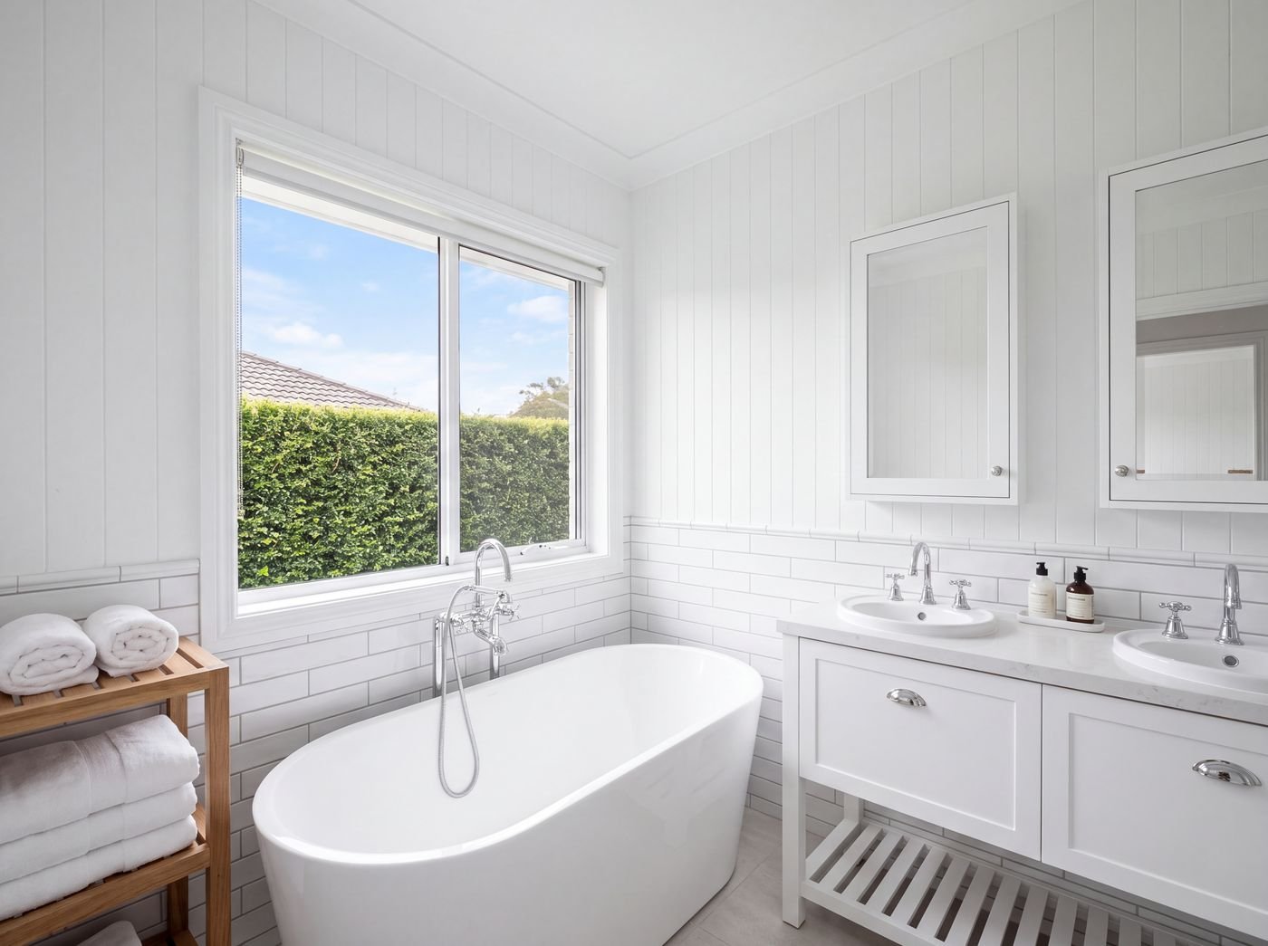 Freshly cleaned bathroom with freestanding tub and double vanity